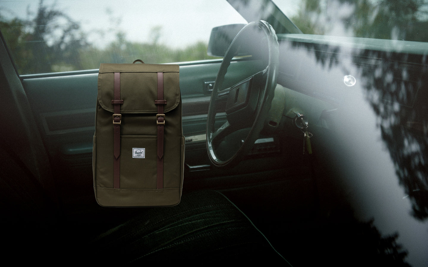 Herschel Retreat Backpack in Ivy Green shown on a desktop banner.