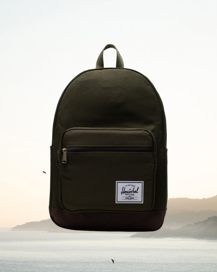 Herschel Supply Co. Pop Quiz Backpack in Ivy Green and Chicory Coffee brown.