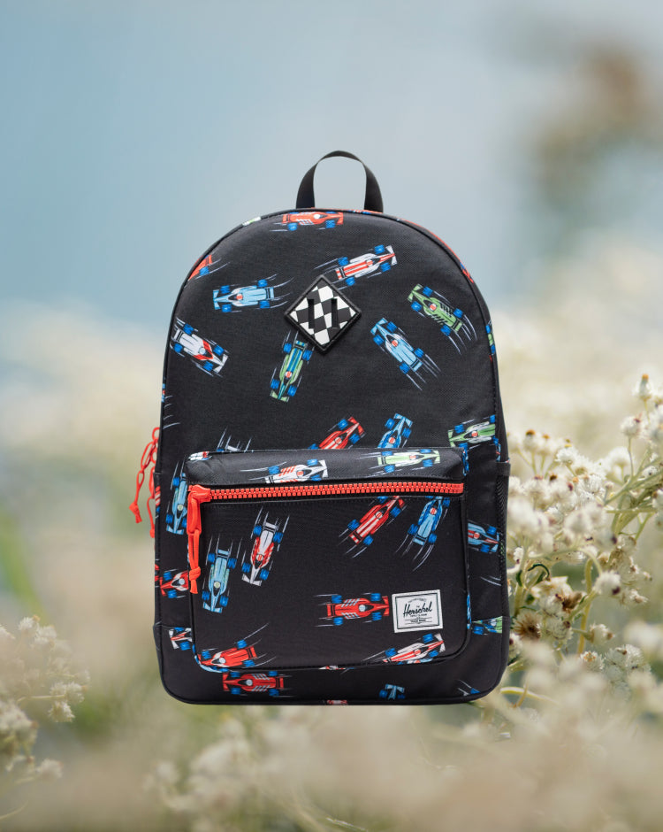 Herschel Heritage Youth Backpack in Race Cars colorway.