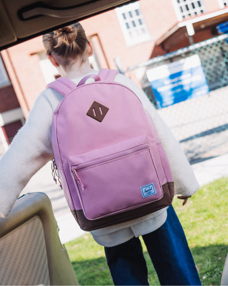Herschel Heritage Youth Backpack in Cashmere Rose pink with Saddle Brown faux leather accents and diamond detail.