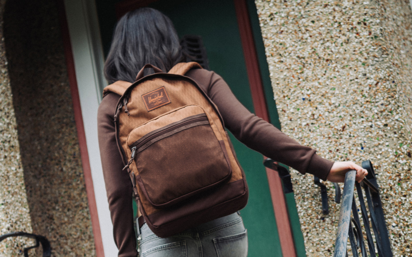 Herschel Supply Co. Kaine Backpack in Soft Silt Diamond/Chicory Coffee patterned design, ideal for school, travel, and everyday use.