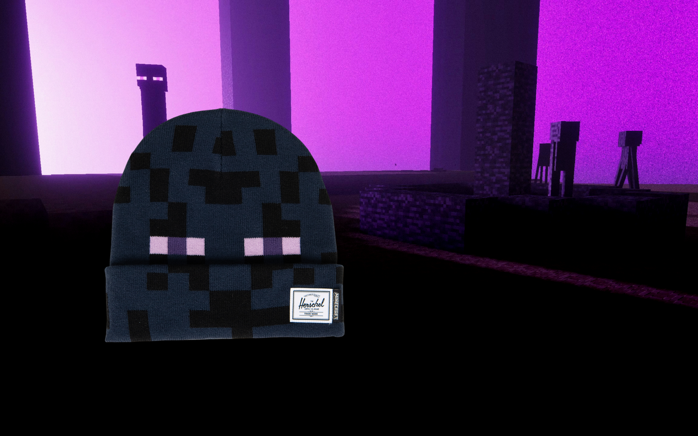 Herschel Supply Co. Minecraft Elmer Beanie in Enderman black with a purple pixelated eye graphic on the cuff.