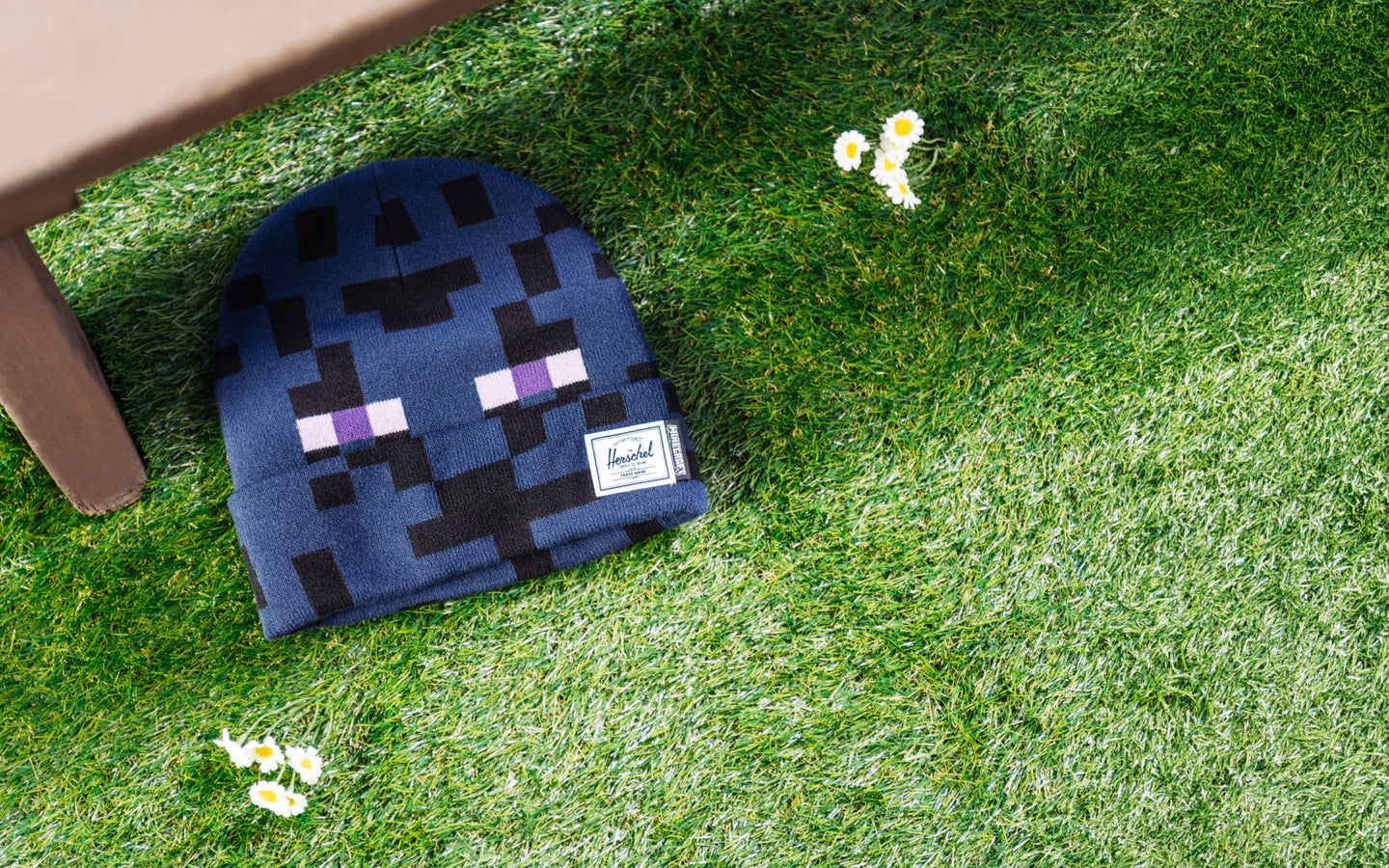 Herschel Supply Co. Minecraft Elmer Kids Beanie in Enderman purple and black pixel design.