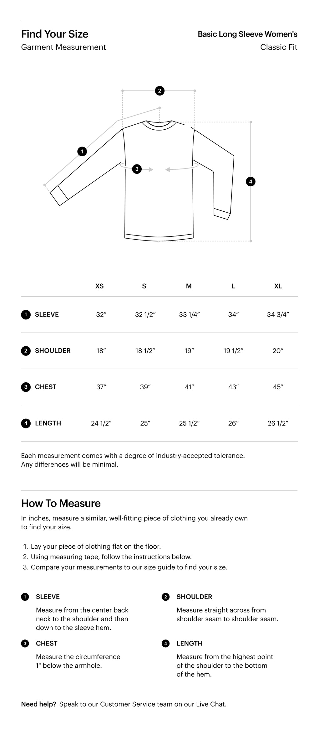 Herschel Supply Co. Women's Basic Long Sleeve size guide chart showing chest measurements: XS (31-33 in), S (33-35 in), M (35-37 in), L (37-39 in), XL (39-41 in).