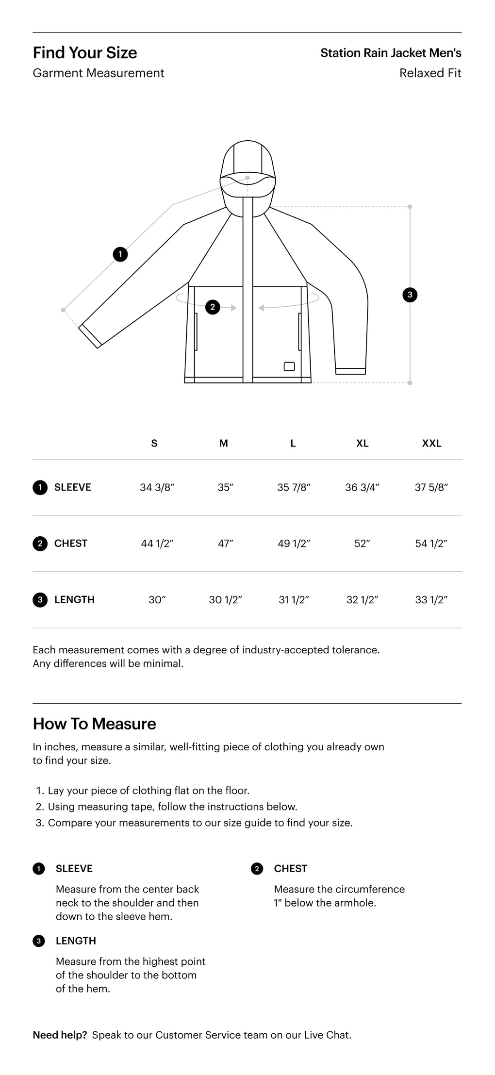 Men's Station Rain Jacket size guide chart showing chest, waist, and sleeve measurements for sizes XS through 5XL.