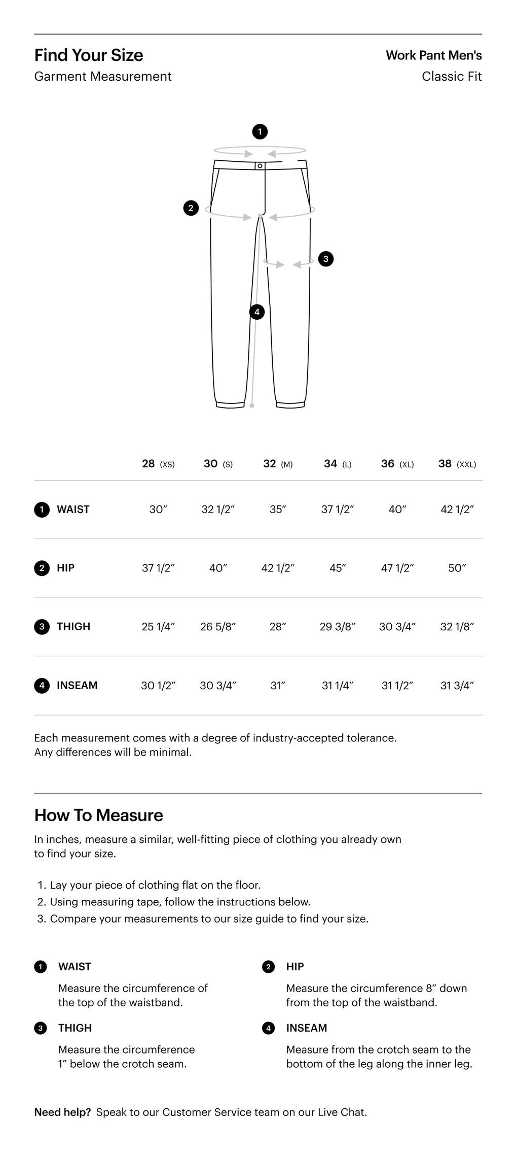 Herschel Supply Co. Men's Work Pant uniform size guide chart showing sizing measurements.