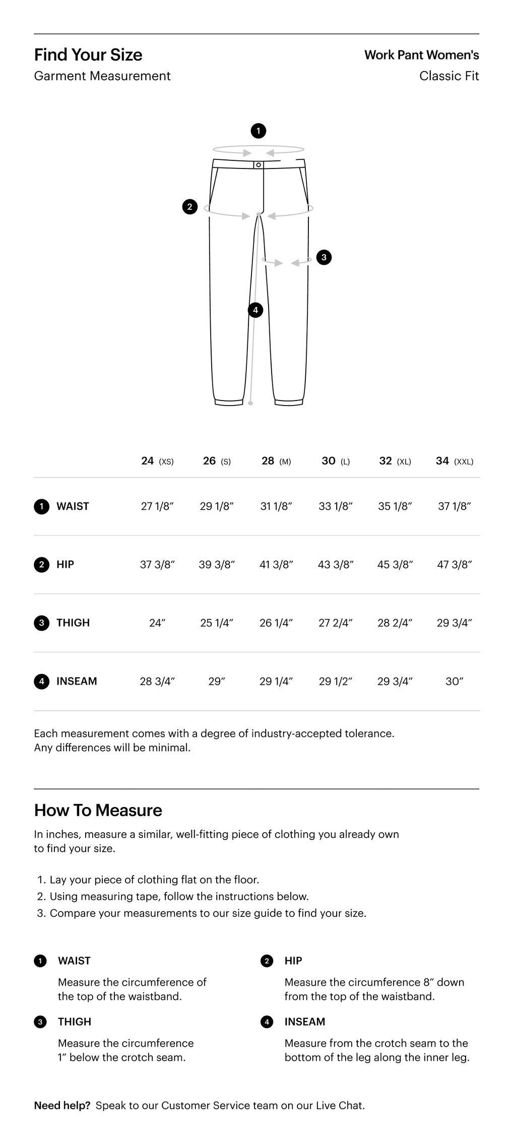 Women's work pants uniform size guide chart listing waist and hips measurements for sizes S to 6XL: S (24, 35), M (25, 36), L (27, 38), XL (29, 40), 2XL (31, 42), 3XL (32, 44), 4XL (33, 46), 5XL (34, 48), 6XL (35, 49).