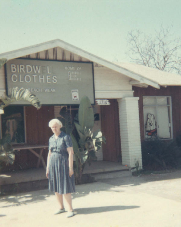 Board short inventor Carrie Birdwell Mann outside of her store.
