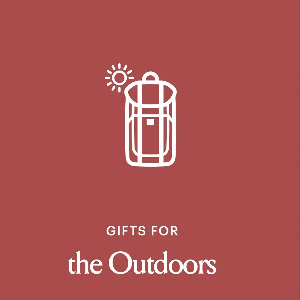 a red square with a backpack icon in the middle that say Gifts for the Outdoors