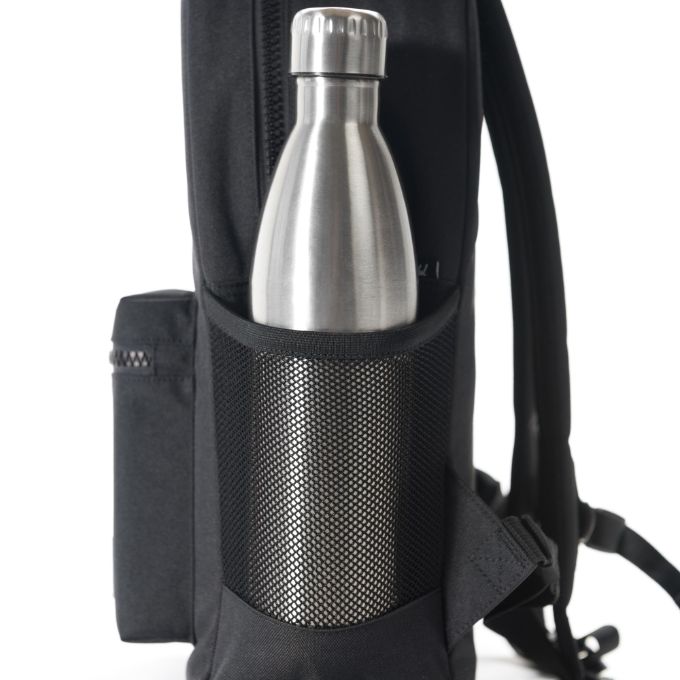 black backpack with water bottle holder