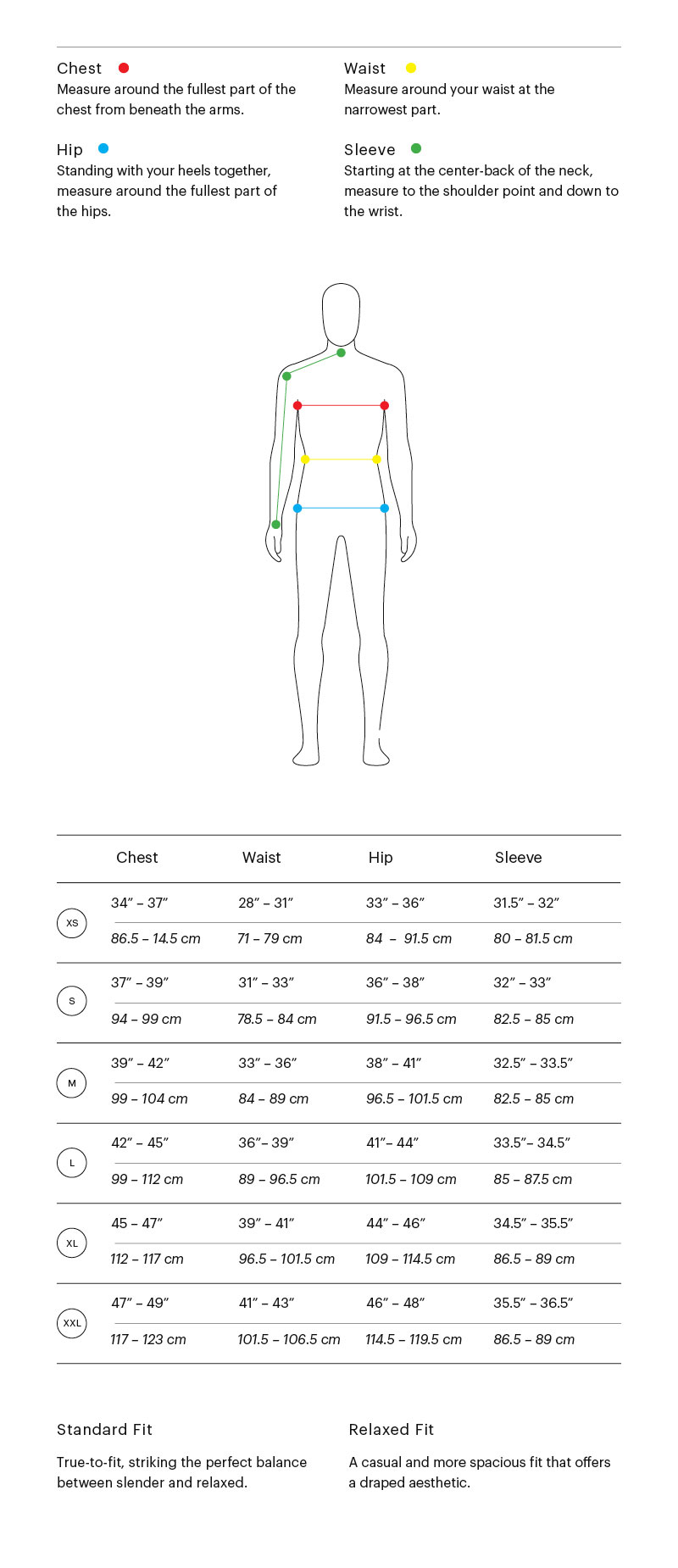 Size Guide for Men's Jackets